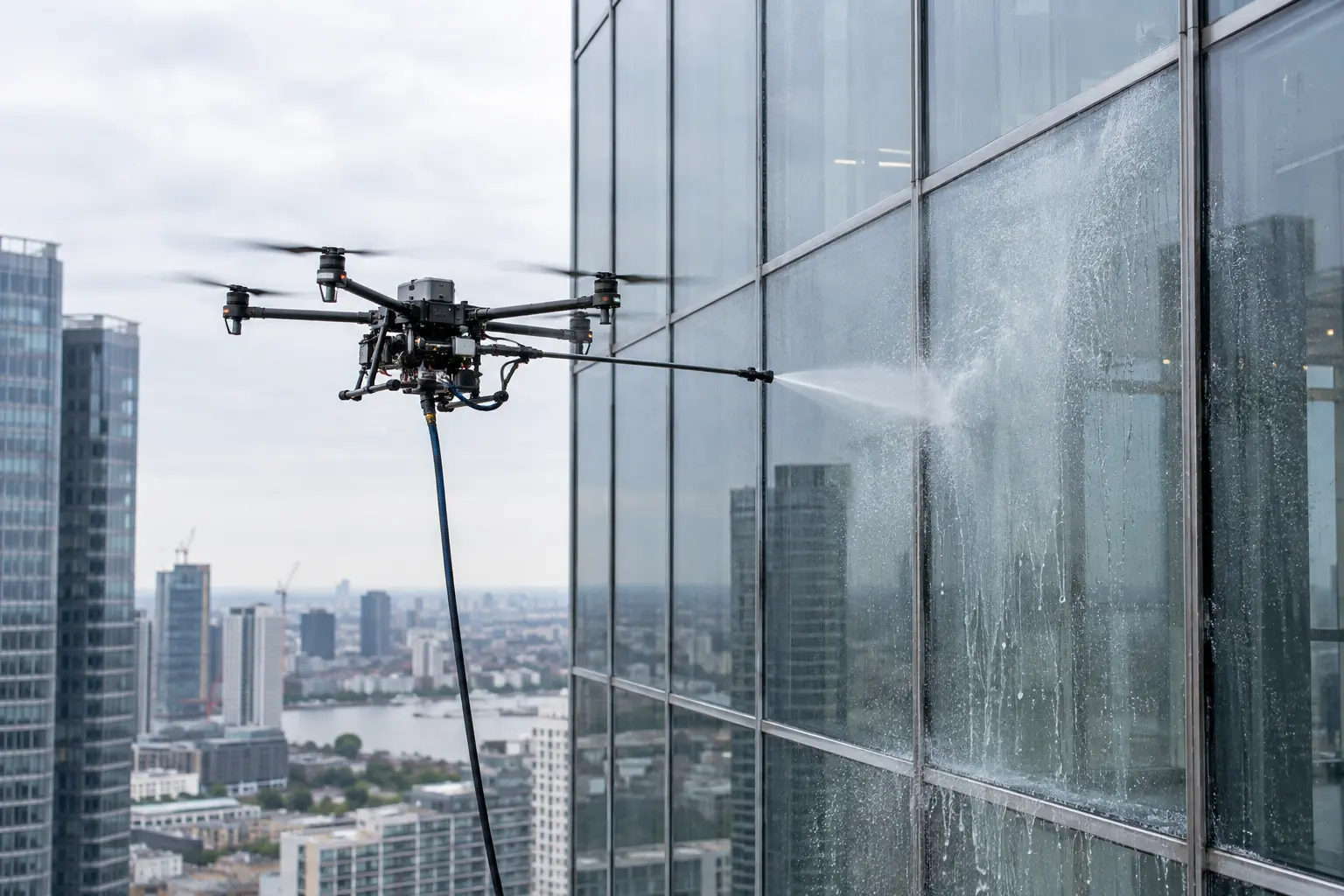 A professional cleaning drone actively washing the glass facade of a commercial building with a continuous stream of water